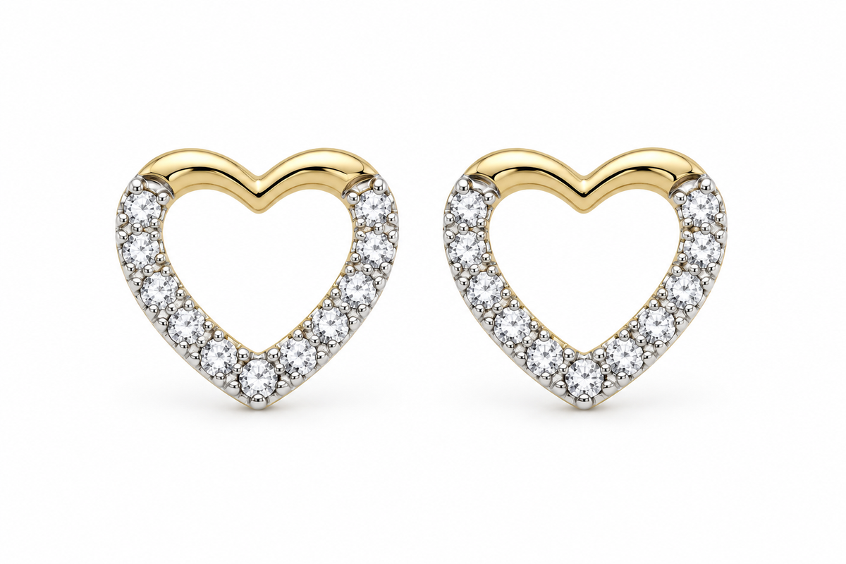 14K Yellow Gold White Accent Open Heart Stud Earrings, matching pair on white background