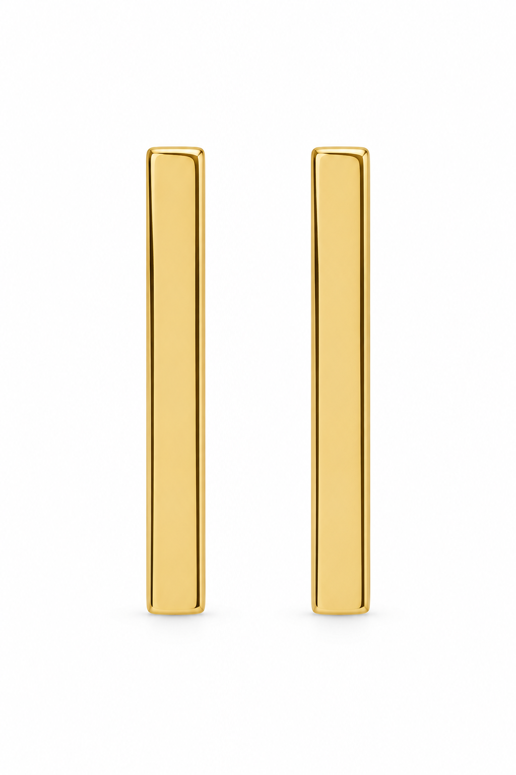 14K Yellow Gold Bar Stud Earrings, matching pair on white background