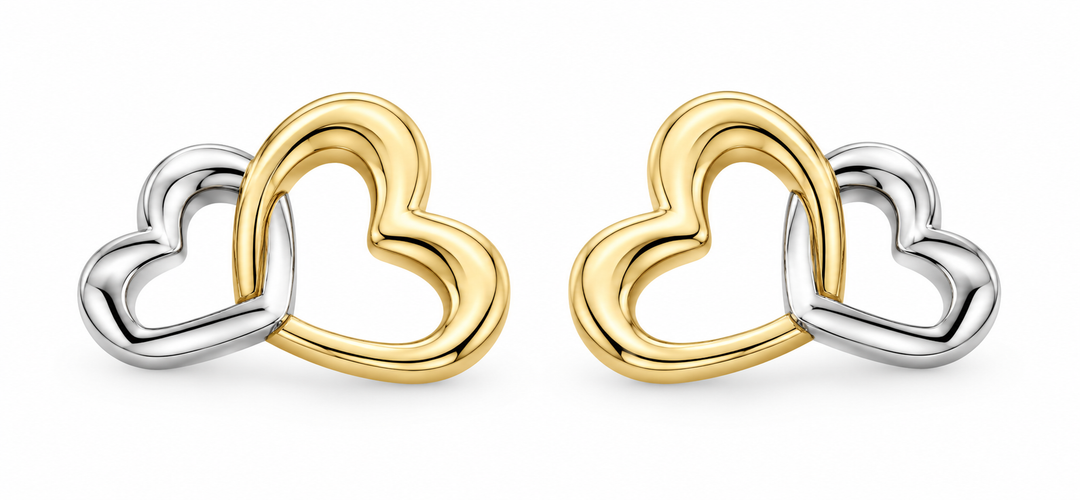 14K Two-Tone Gold Double Heart Stud Earrings, matching pair on white background