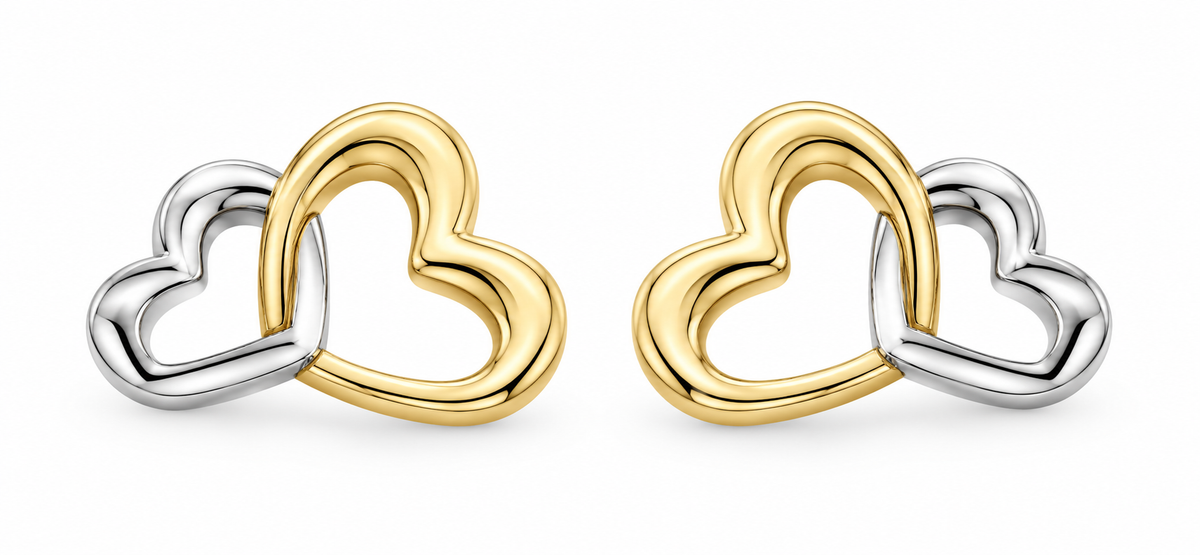 14K Two-Tone Gold Double Heart Stud Earrings, matching pair on white background