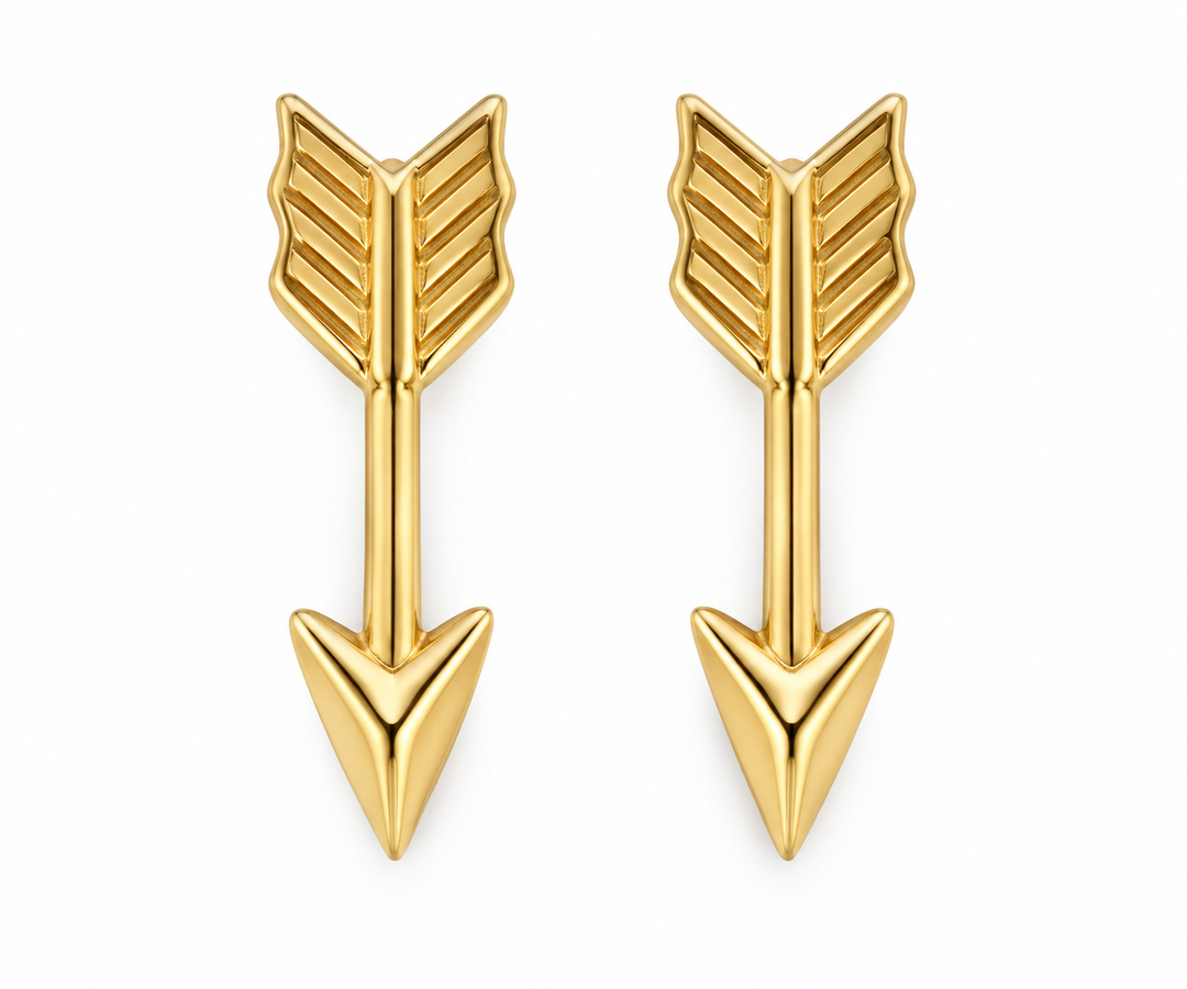 14K Yellow Gold Arrow Stud Earrings, matching pair on white background
