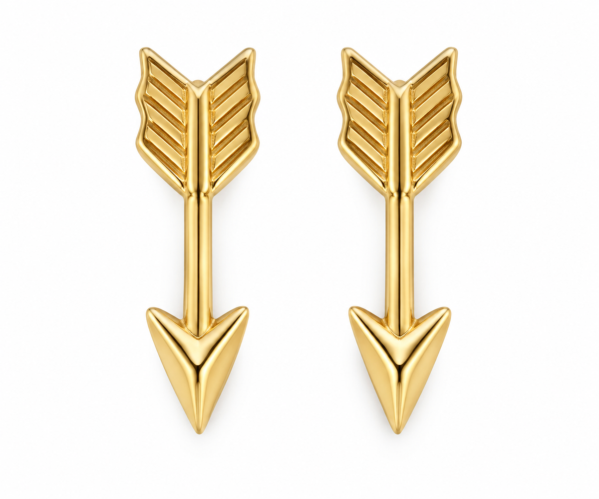 14K Yellow Gold Arrow Stud Earrings, matching pair on white background