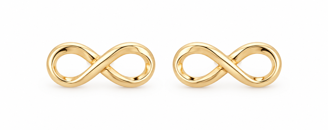 14K Yellow Gold Infinity Stud Earrings, matching pair on white background