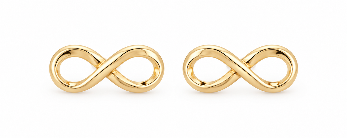 14K Yellow Gold Infinity Stud Earrings, matching pair on white background
