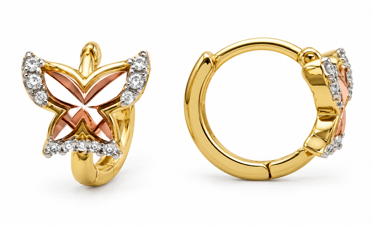 14K Tri-Color Gold Butterfly White Accent Hinged Hoop Earrings, pair on white background