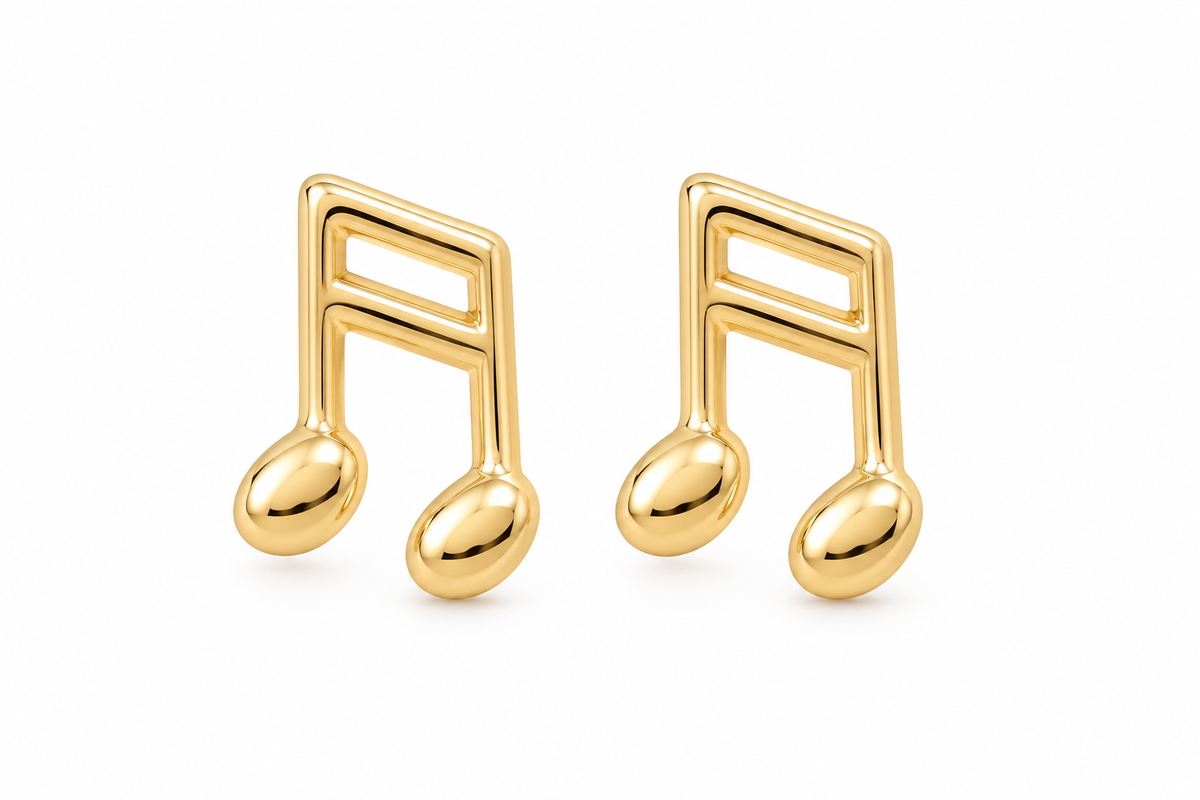 14K Yellow Gold Musical Note Stud Earrings, matching pair on white background
