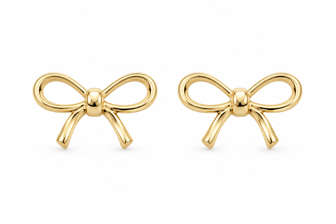 14K Yellow Gold Bow Stud Earrings, matching pair on white background