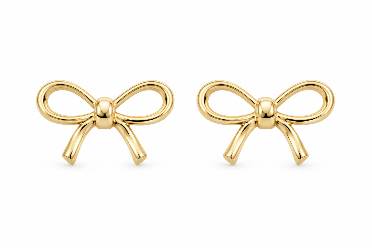 14K Yellow Gold Bow Stud Earrings, matching pair on white background