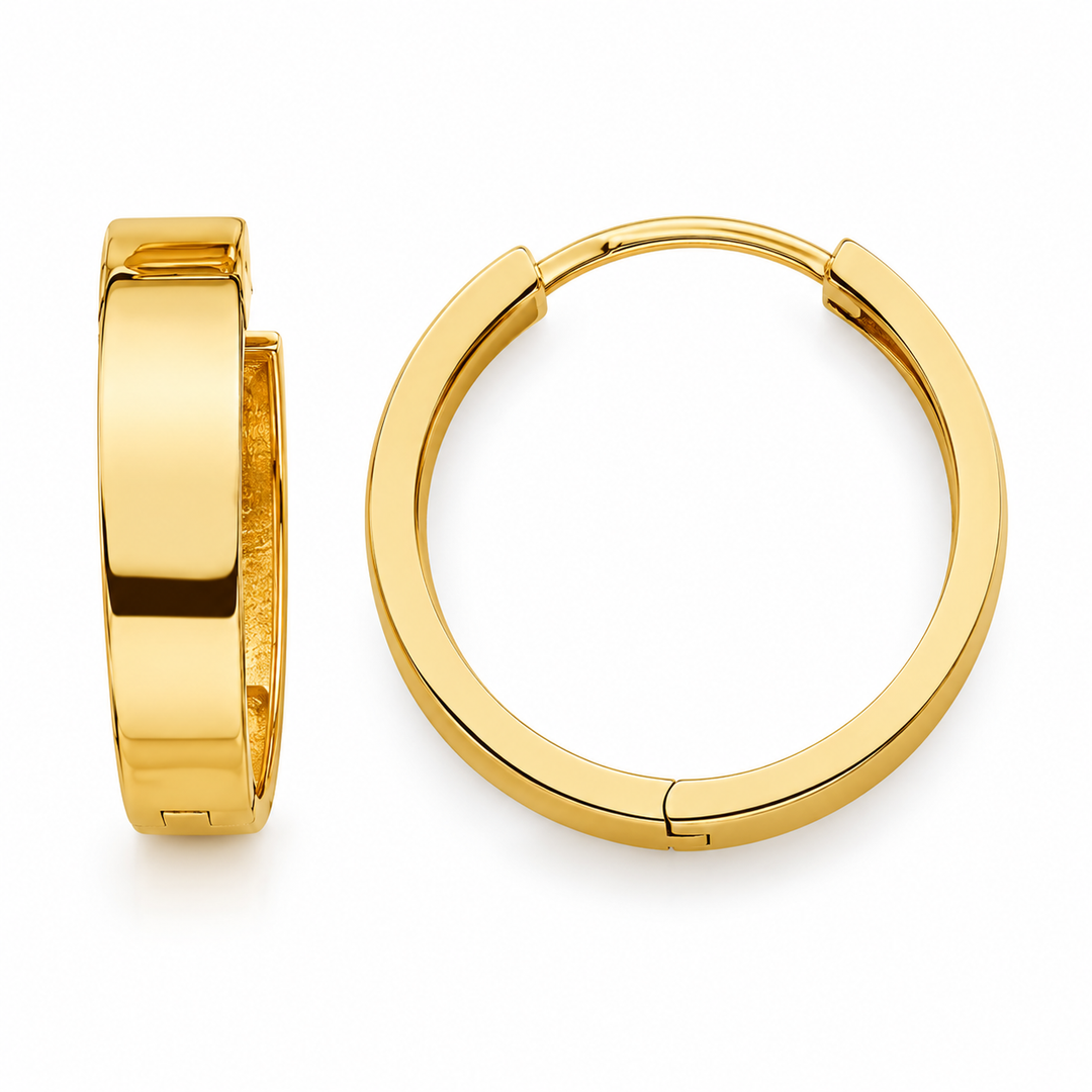 14K yellow gold polished hoop earrings 15 mm LSJ-ER1982 front and side view