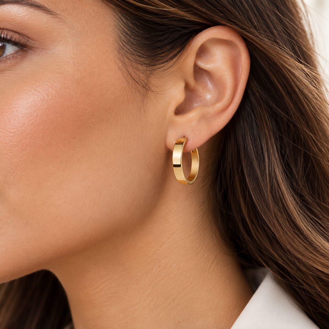 14K yellow gold polished hoop earrings 15 mm LSJ-ER1982 on model