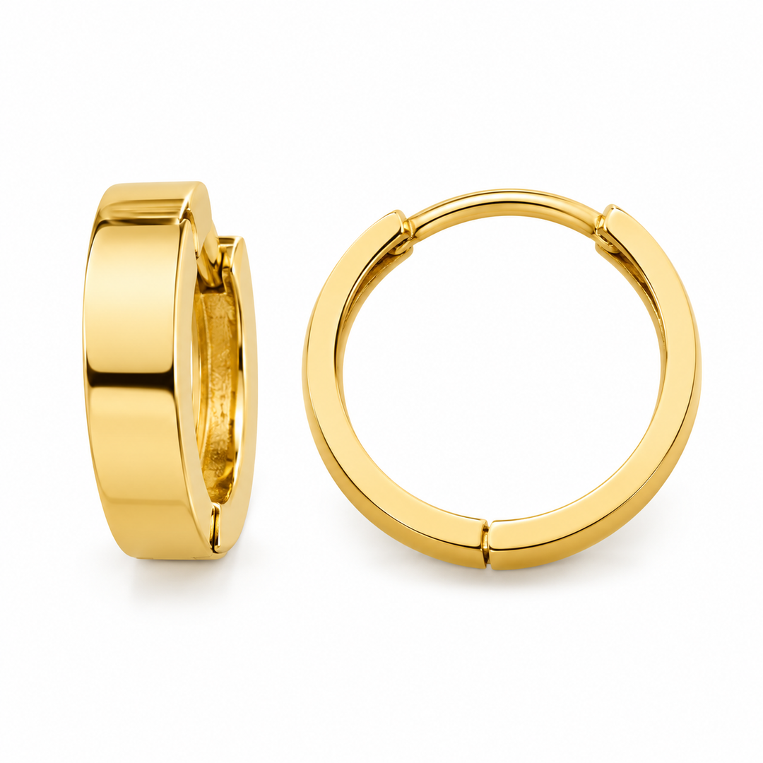 14K yellow gold polished hoop earrings 12 mm LSJ-ER1983 front and side view