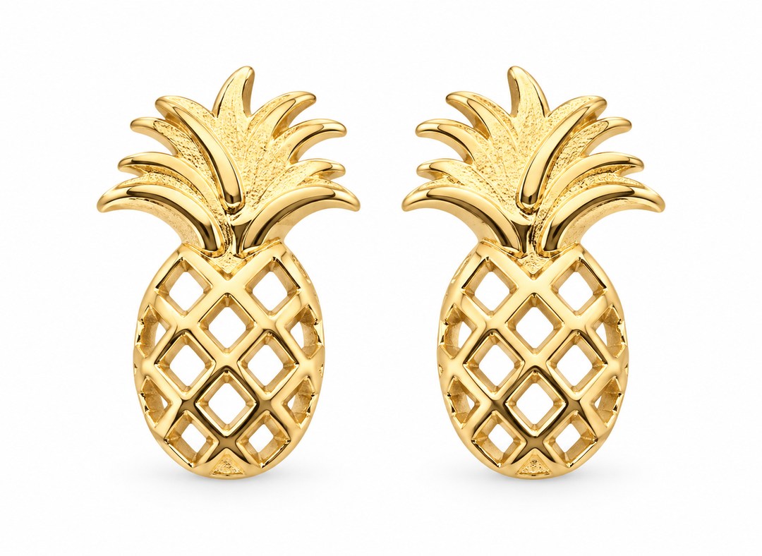 14K Yellow Gold Pineapple Stud Earrings, matching pair on white background