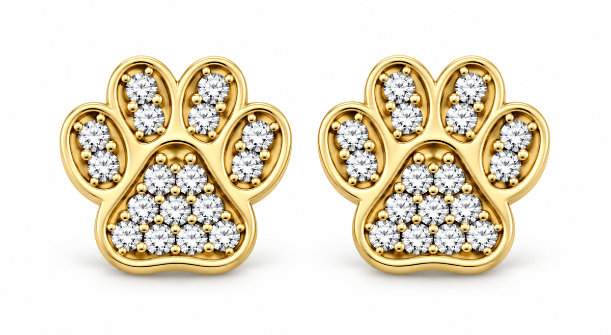 14K Yellow Gold White Accent Paw Print Stud Earrings, matching pair on white background