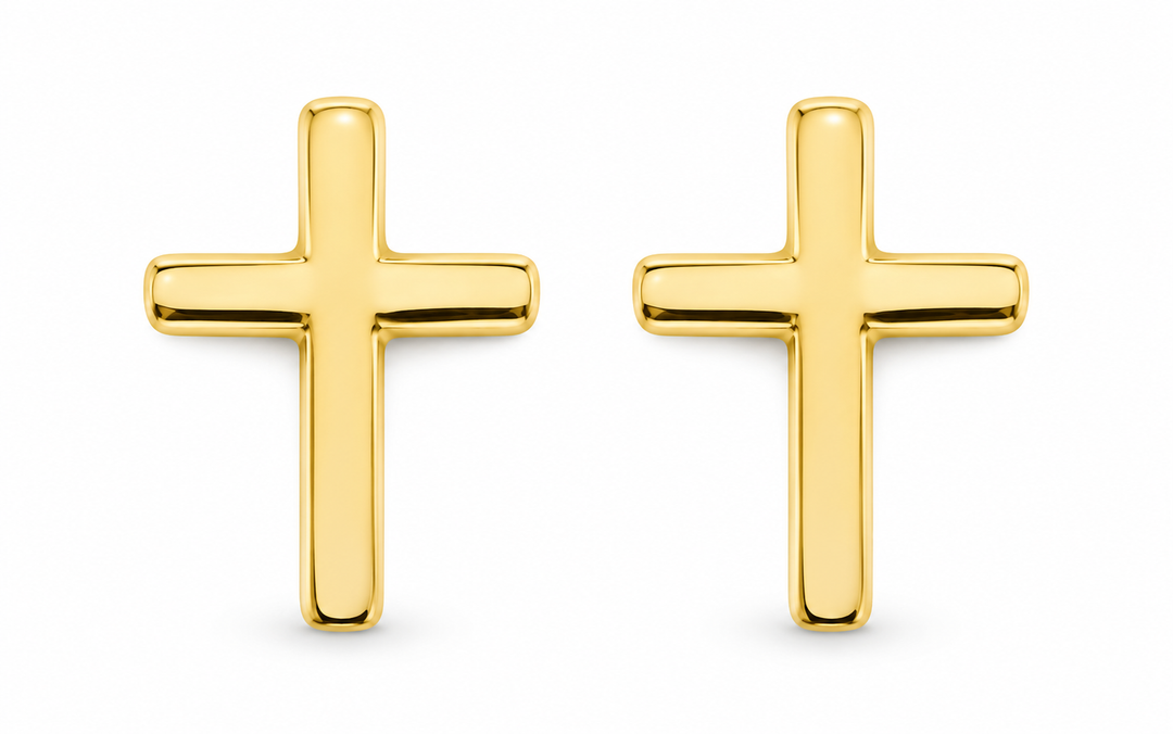 14K Yellow Gold Cross Stud Earrings, matching pair on white background