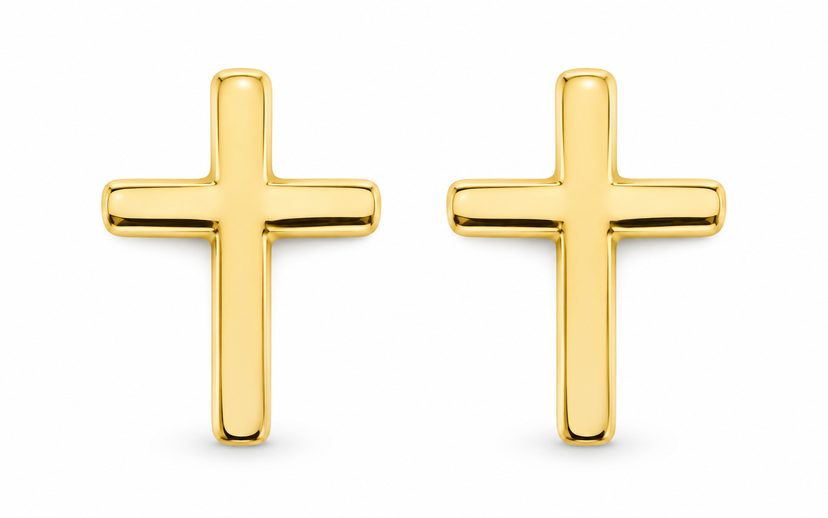 14K Yellow Gold Cross Stud Earrings, matching pair on white background