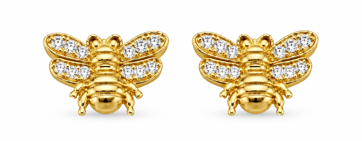 14K Yellow Gold Bee Stud Earrings, matching pair on white background