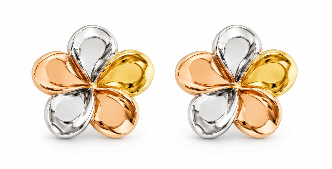14K Tri-Color Gold Flower Stud Earrings, matching pair on white background