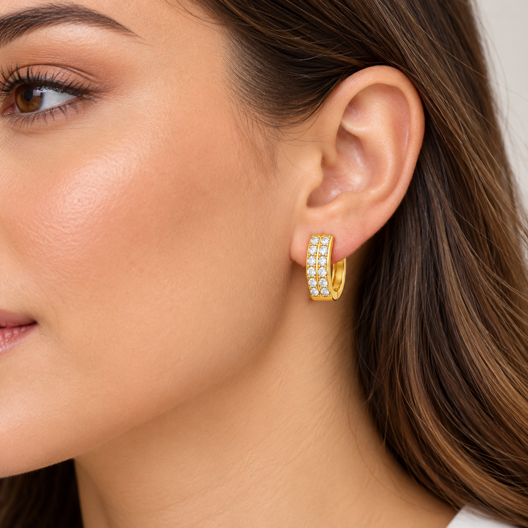 14K Italian Huggie Double Stone Earrings 12 mm on model