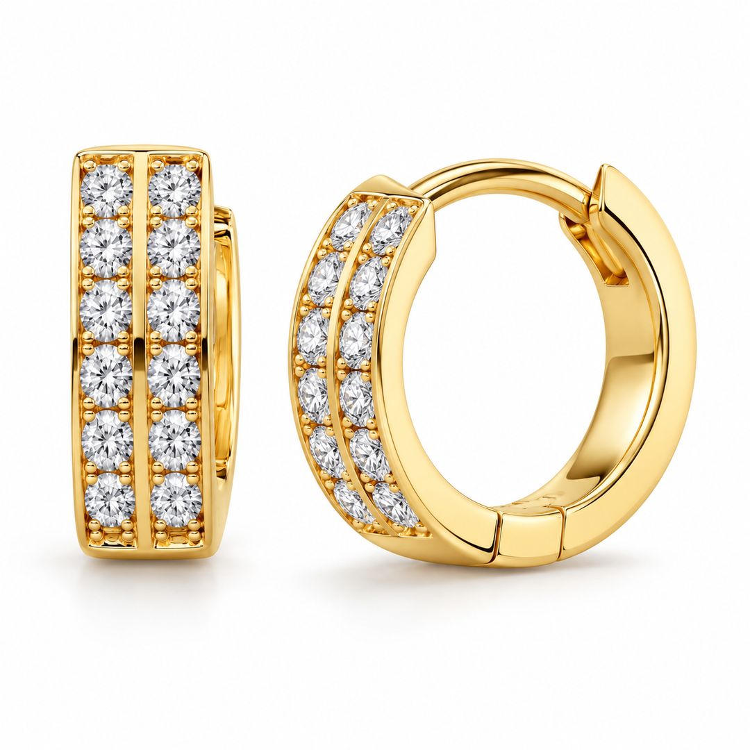 14K Italian Huggie Double Stone Earrings 12 mm side profile