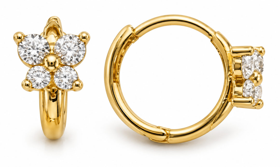 14K Yellow Gold White Accent Butterfly Hinged Hoop Earrings, pair on white background