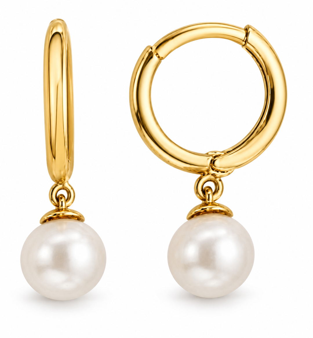 14K Yellow Gold White Pearl Drop Hinged Hoop Earrings, pair on white background