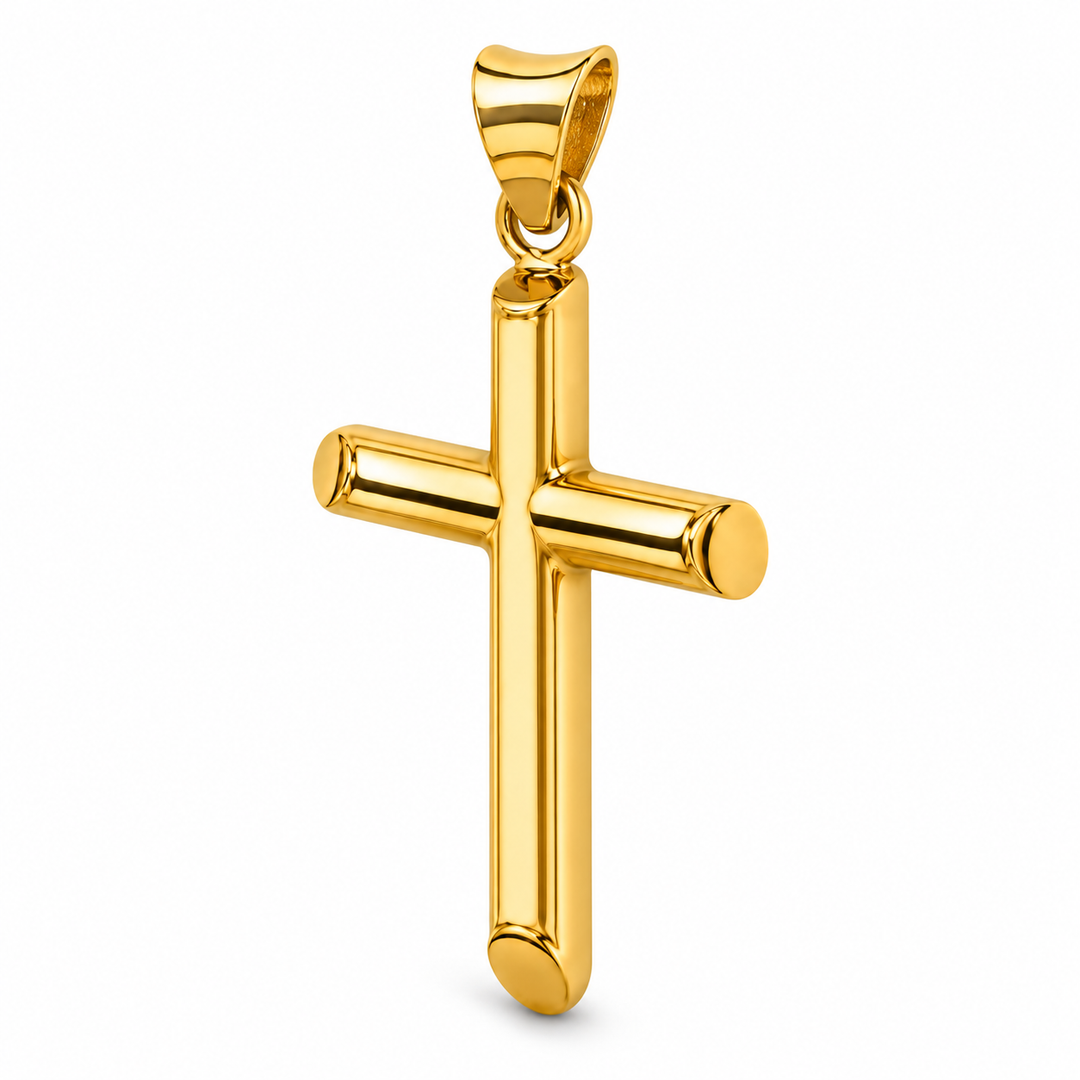 LSJ-PT16 14K yellow gold plain medium cross pendant, angled view on white