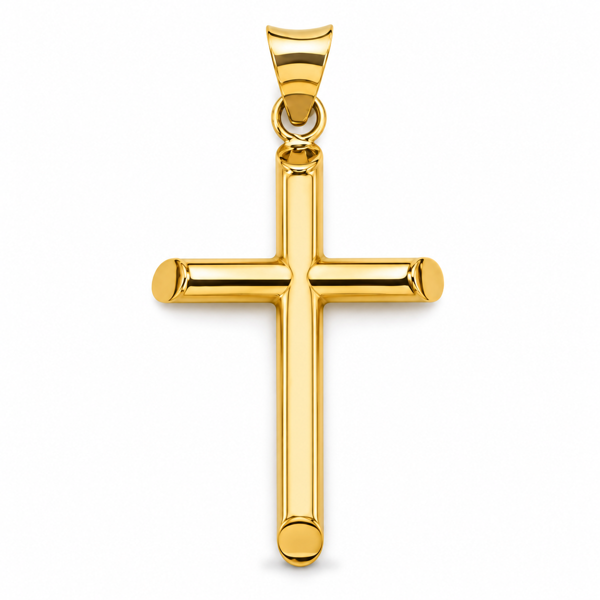 LSJ-PT16 14K yellow gold plain medium cross pendant, front view on white