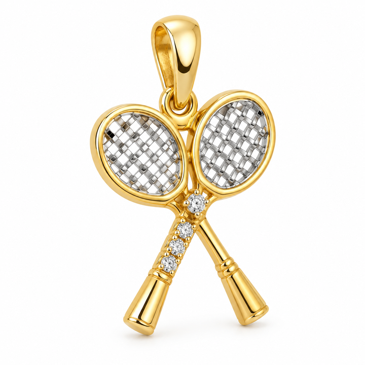14K Yellow Gold Tennis Racket Pendant angled white background