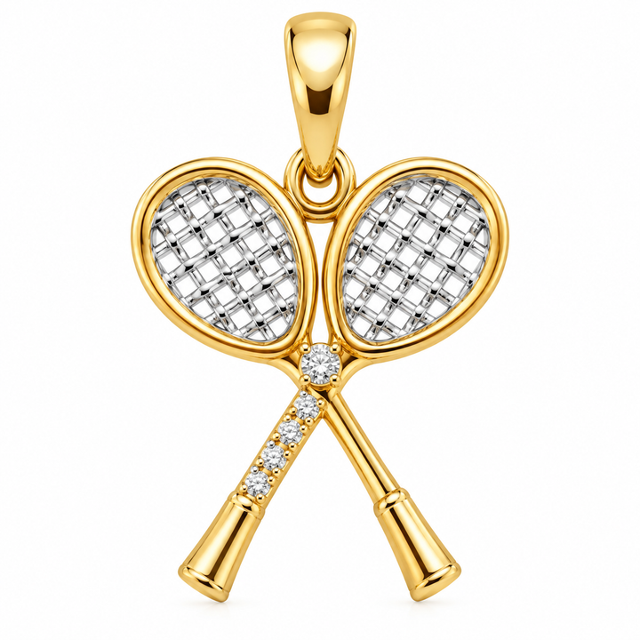 14K Yellow Gold Tennis Racket Pendant front white background