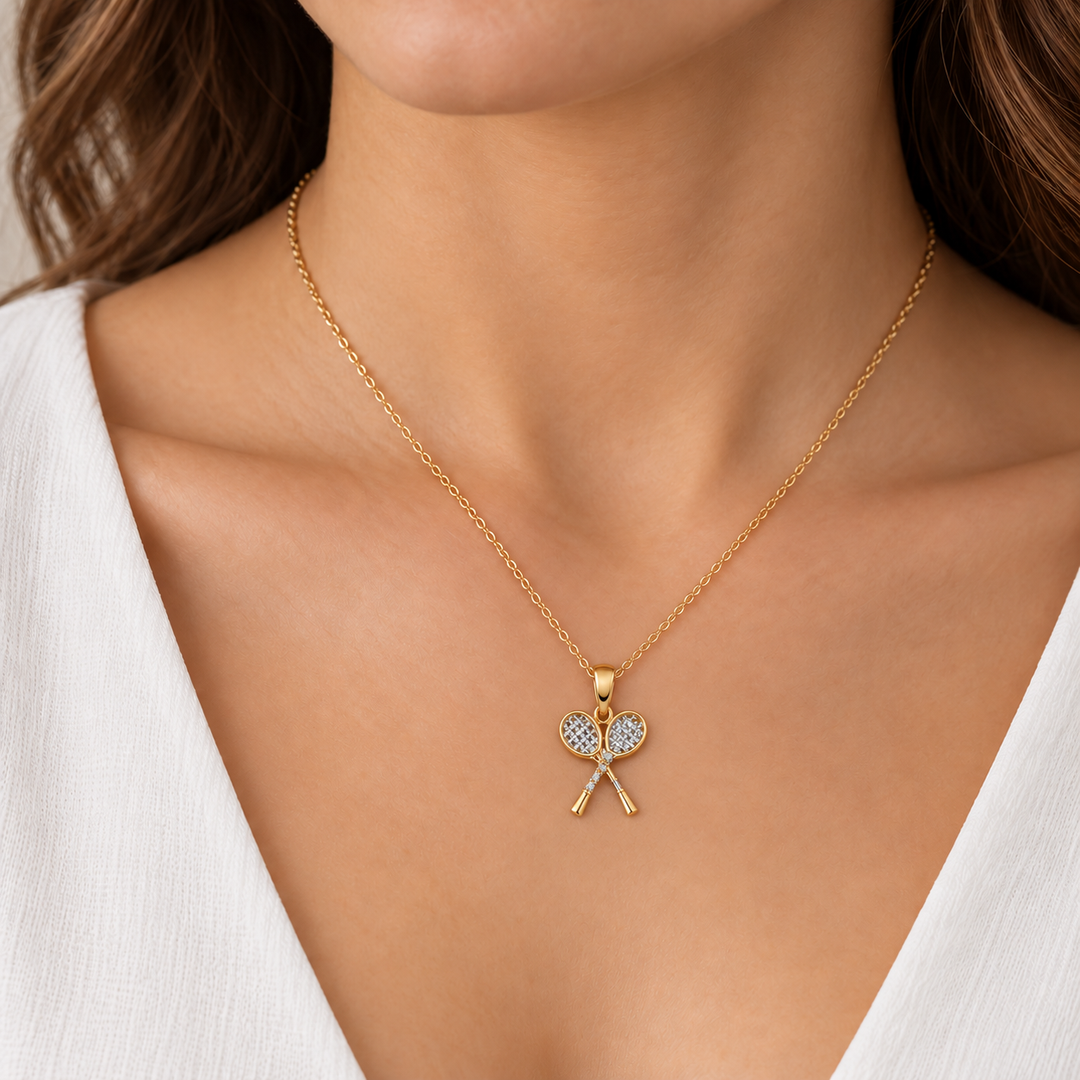 14K Yellow Gold Tennis Racket Pendant on female model