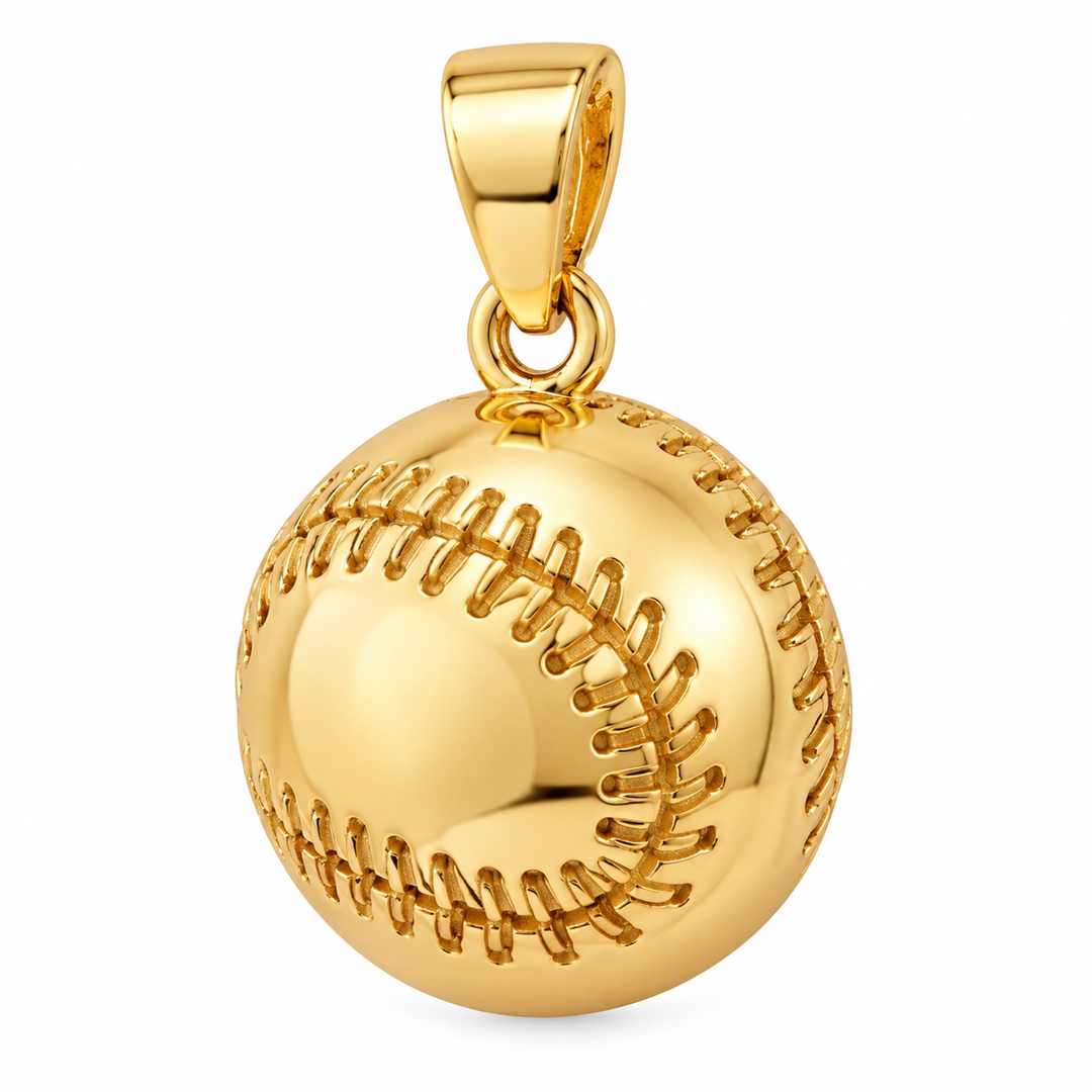 14K Yellow Gold Baseball Pendant angled white background