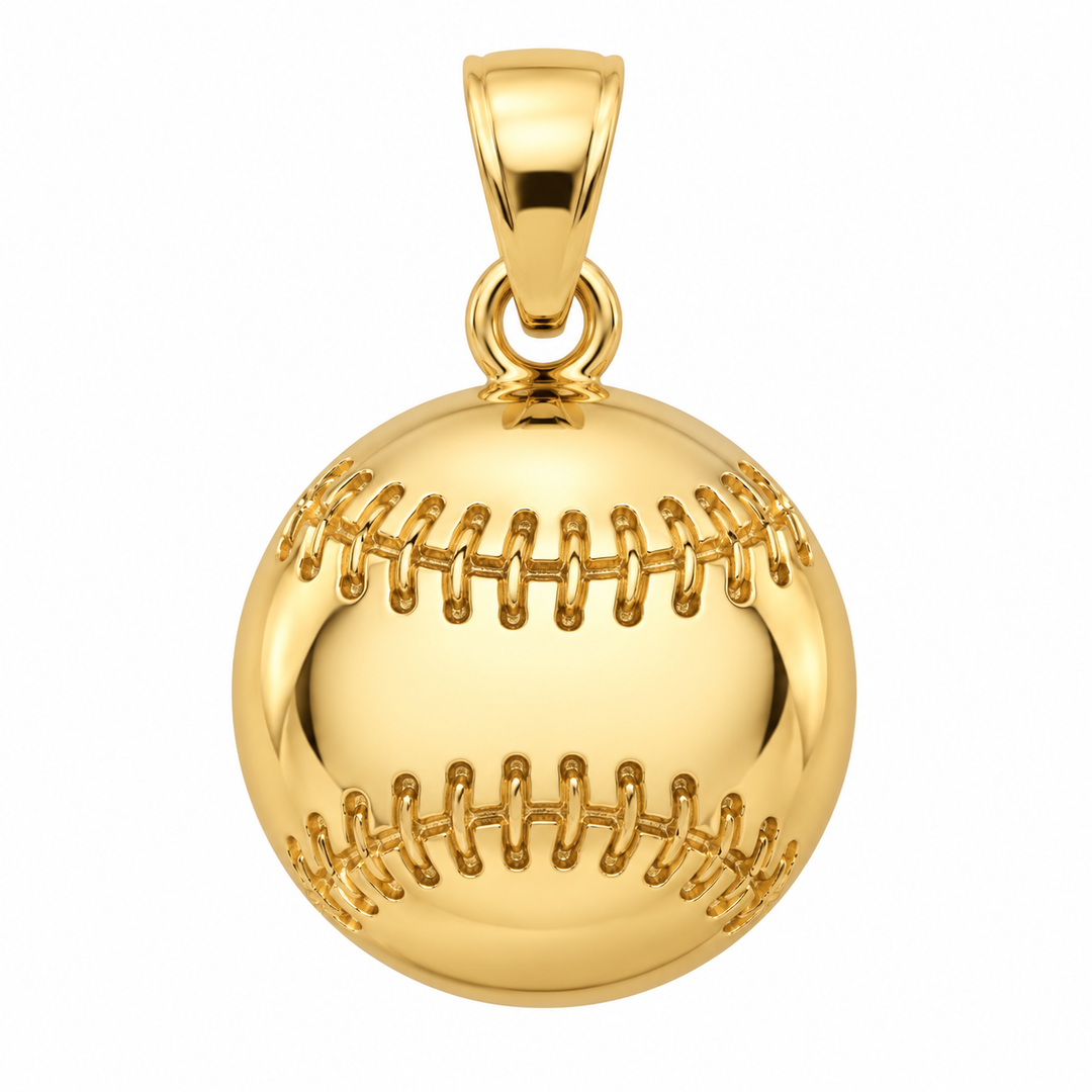 14K Yellow Gold Baseball Pendant front white background
