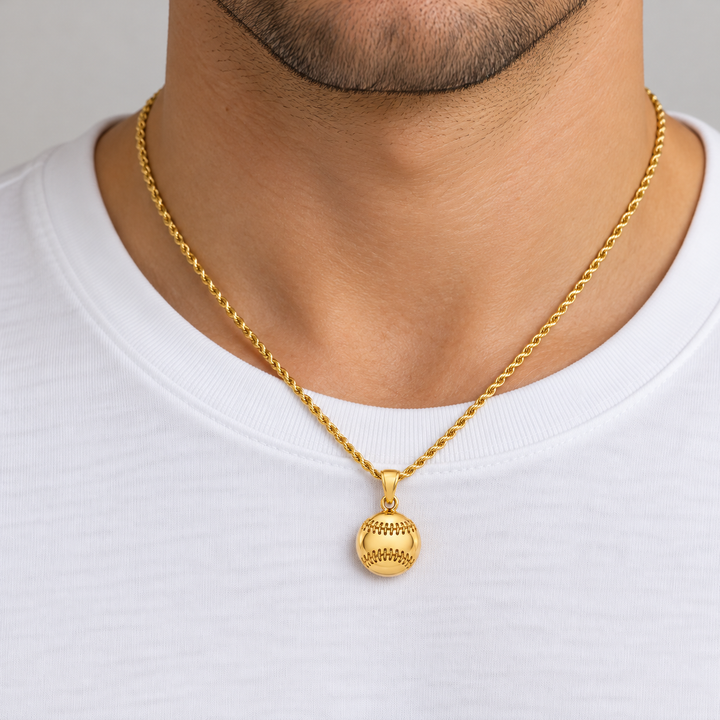 14K Yellow Gold Baseball Pendant on male model