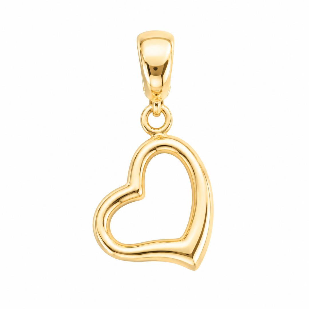 14K Yellow Gold Open Heart Charm Pendant on white background