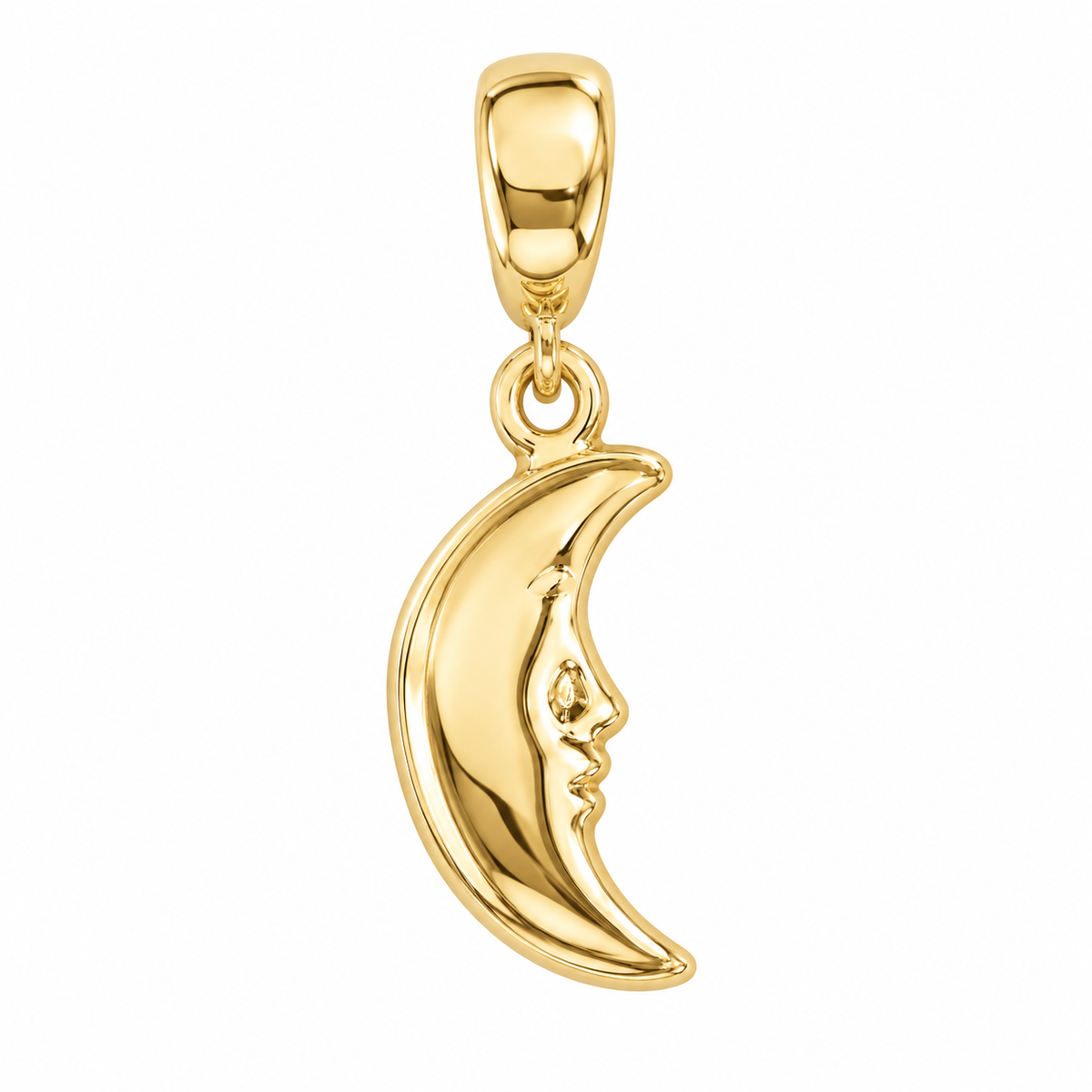 14K Yellow Gold Crescent Moon Face Charm Pendant on white background