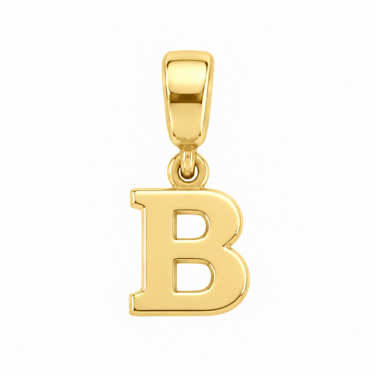 14K yellow gold initial B charm pendant on white background