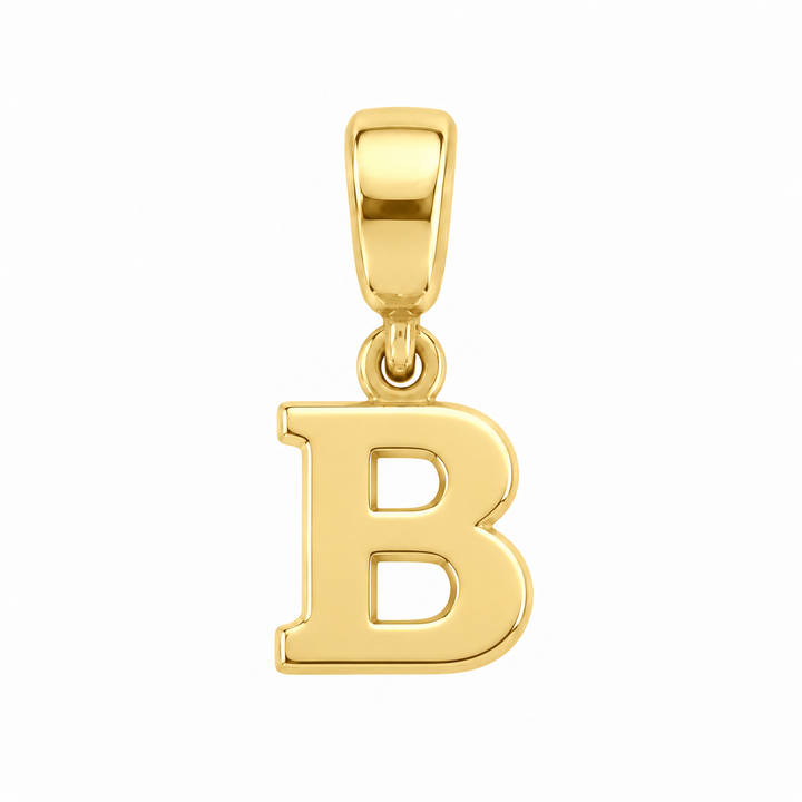 14K yellow gold initial B charm pendant on white background
