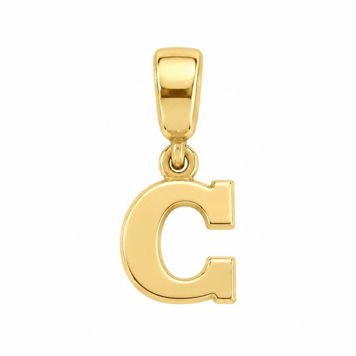 14K yellow gold initial C charm pendant on white background