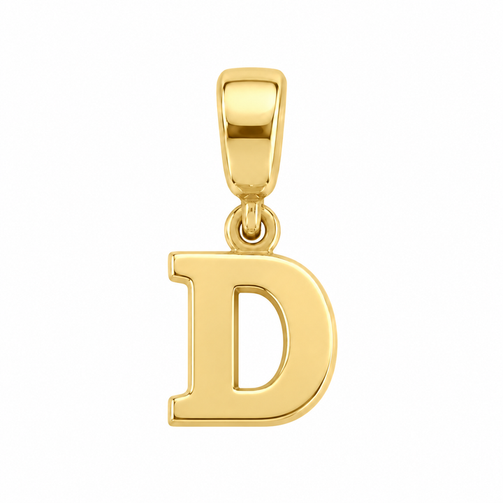 14K yellow gold initial D charm pendant on white background