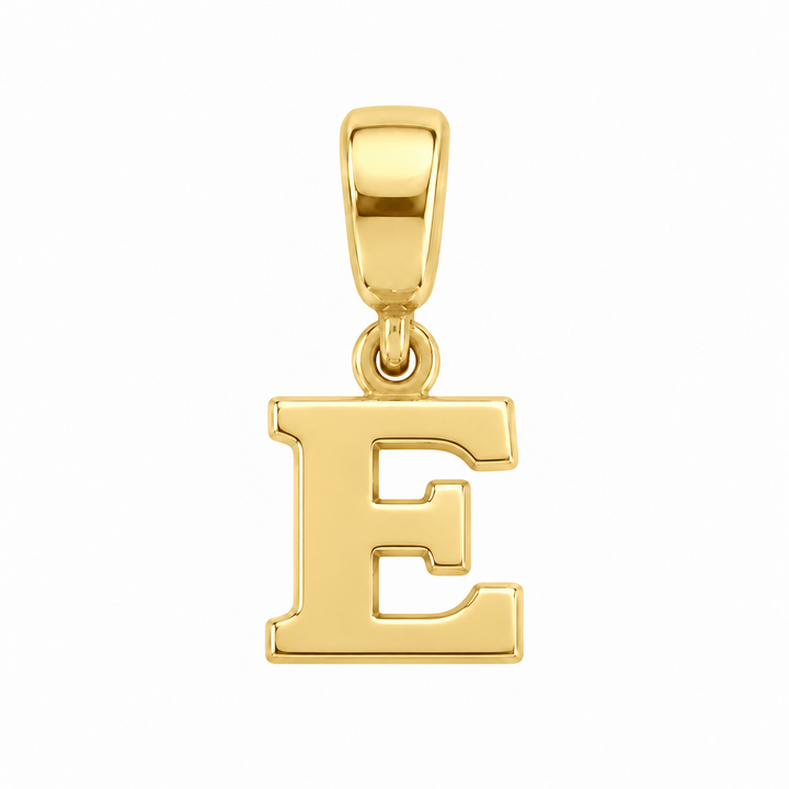 14K yellow gold initial E charm pendant on white background