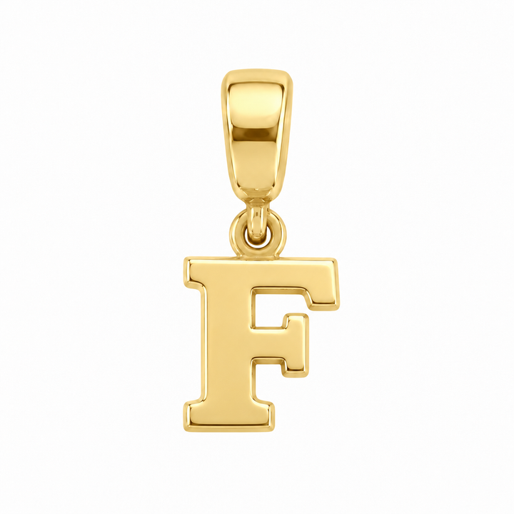 14K yellow gold initial F charm pendant on white background