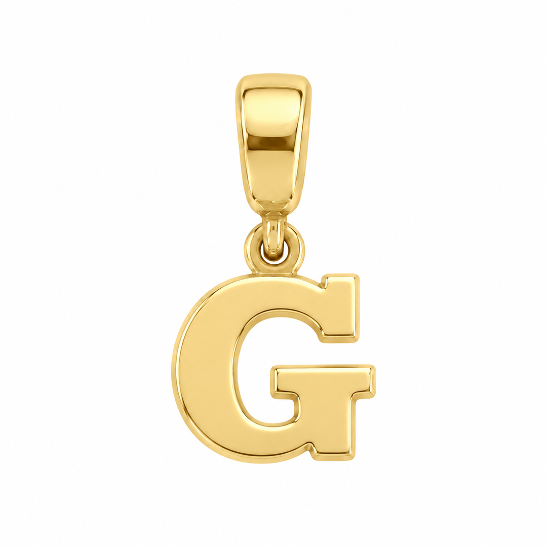 14K yellow gold initial G charm pendant on white background