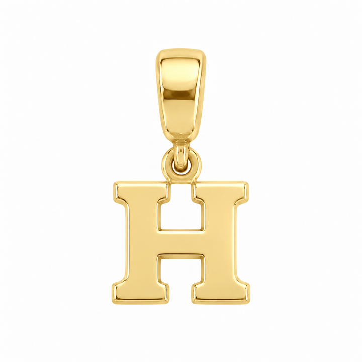 14K yellow gold initial H charm pendant on white background