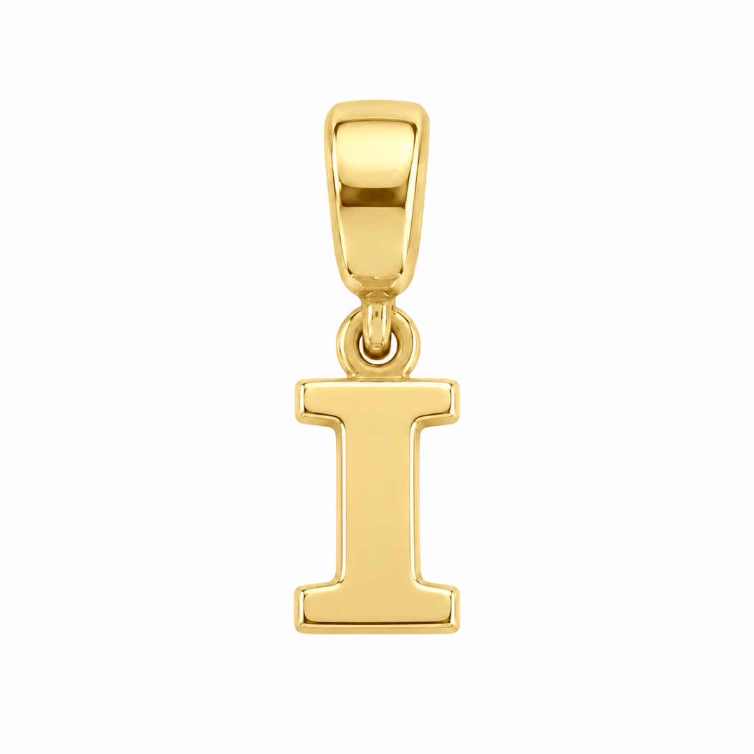 14K yellow gold initial I charm pendant on white background