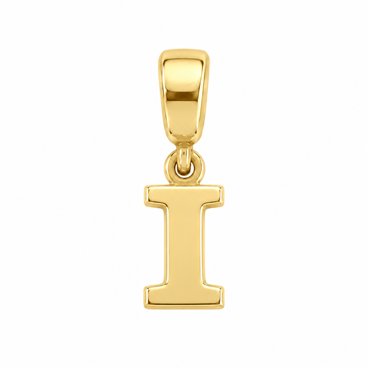 14K yellow gold initial I charm pendant on white background