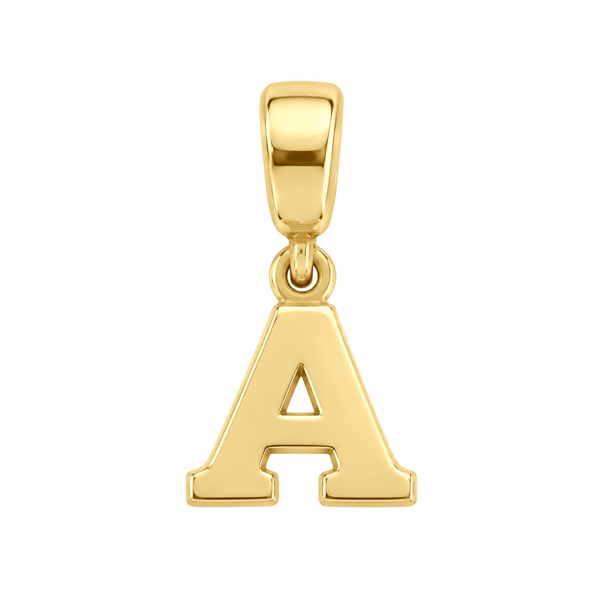 14K yellow gold initial A charm pendant on white background