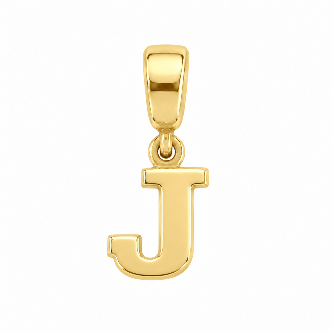14K yellow gold initial J charm pendant on white background