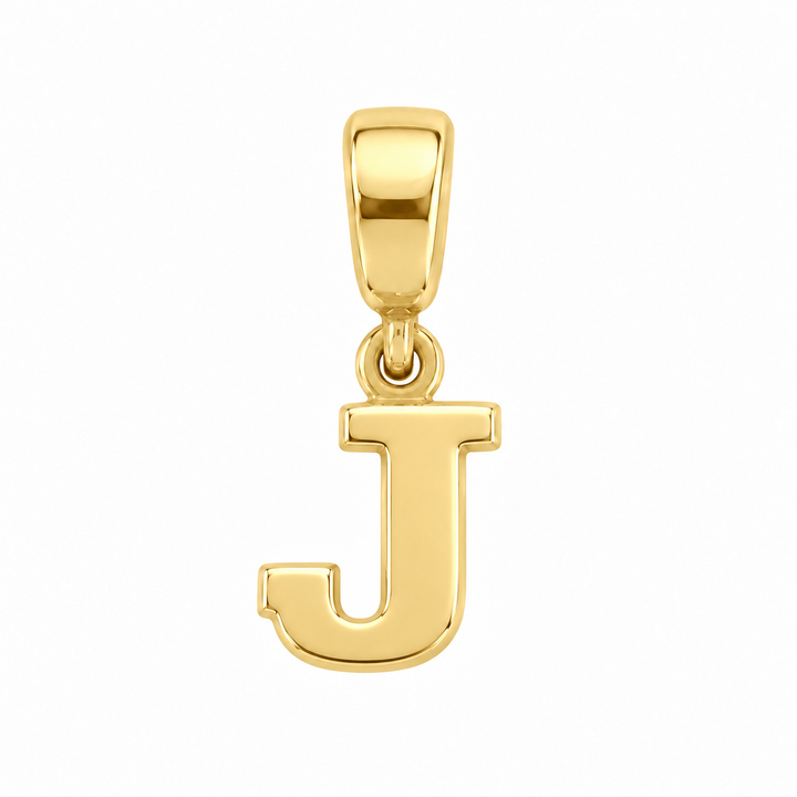 14K yellow gold initial J charm pendant on white background