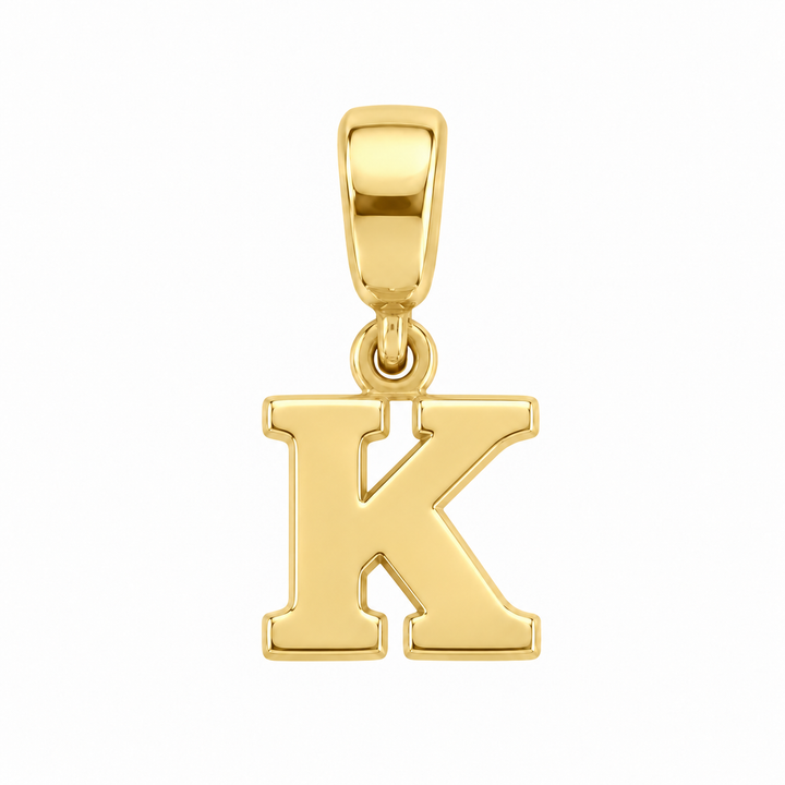 14K yellow gold initial K charm pendant on white background