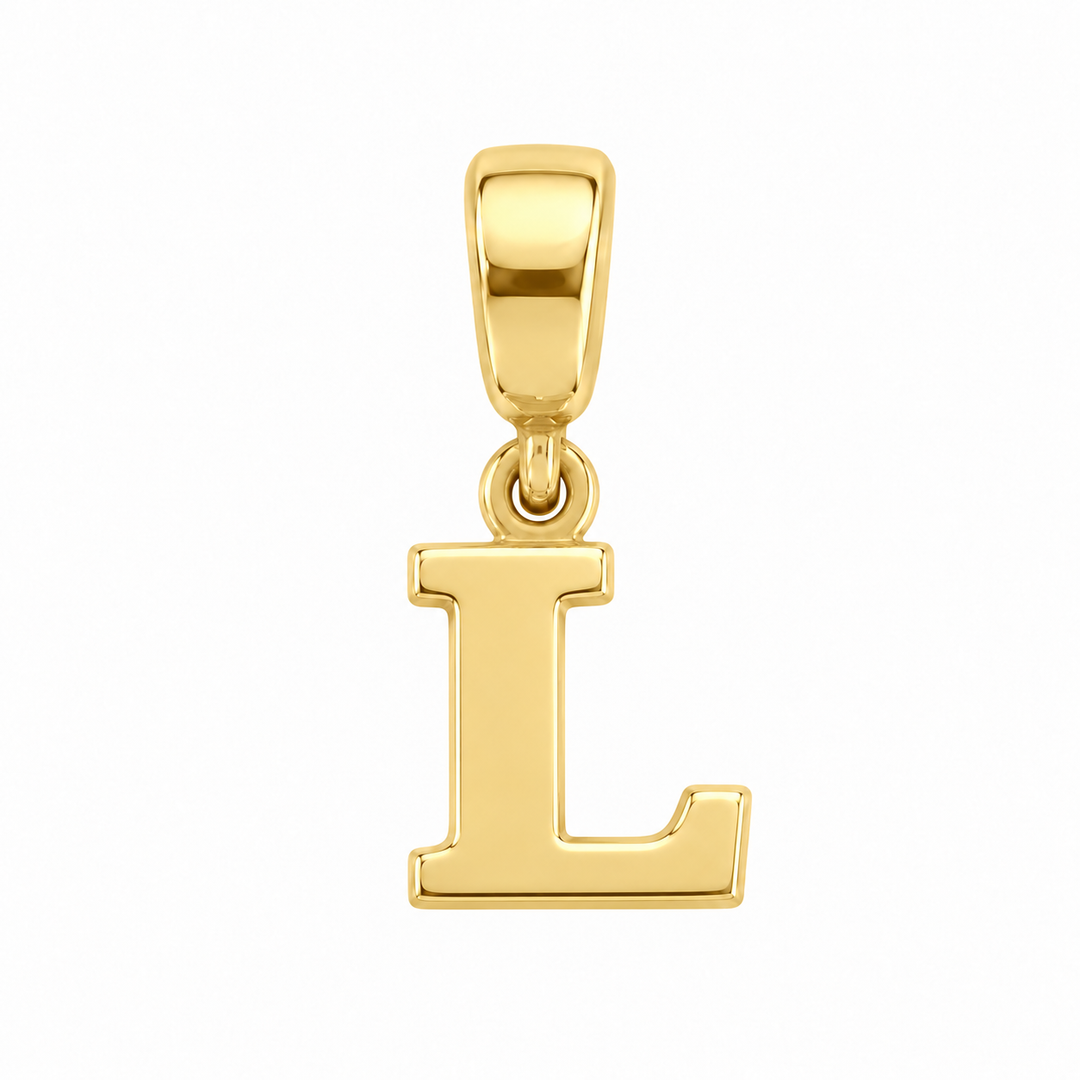 14K yellow gold initial L charm pendant on white background
